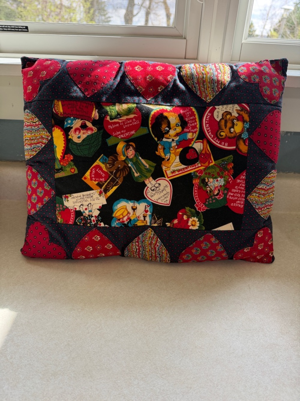 Handmade Valentine Patchwork Throw Pillow in Black and Red